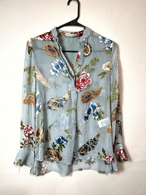 Alice + Olivia Blue Floral Popover Sheer Silk Blouse Size XS
